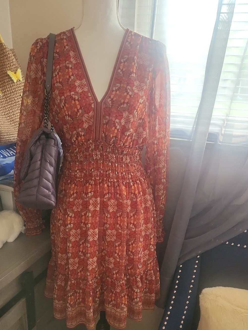 Max Studio Red Floral Long-Sleeve Smocked Waist Dress